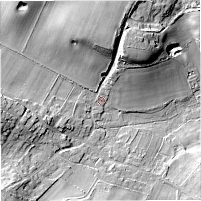 Shaded relief map of the ground around DT28EZ, computed from Environment Agency LiDAR. The ground here sits at about 49 m above sea level and falls 23 m across the surrounding 800 m. Surface water reaching this point runs off ground lying to the north, 19.6 m higher.