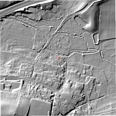Shaded relief map of the ground around DT28FS, computed from Environment Agency LiDAR. The ground here sits at about 57 m above sea level and falls 38 m across the surrounding 800 m. Surface water reaching this point runs off ground lying to the south, 1.5 m higher.