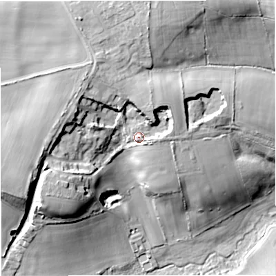 Shaded relief map of the ground around DT28HA, computed from Environment Agency LiDAR. The ground here sits at about 60 m above sea level and falls 25 m across the surrounding 800 m. Surface water reaching this point runs off ground lying to the north-north-east, 6.7 m higher.