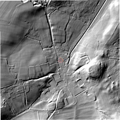 Shaded relief map of the ground around DT28HF, computed from Environment Agency LiDAR. The ground here sits at about 47 m above sea level and falls 28 m across the surrounding 800 m. Surface water reaching this point runs off ground lying to the west-south-west, 23.9 m higher.