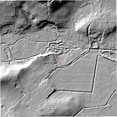 Shaded relief map of the ground around DT28HZ, computed from Environment Agency LiDAR. The ground here sits at about 32 m above sea level and falls 27 m across the surrounding 800 m. Surface water reaching this point runs off ground lying to the west, 6.4 m higher.