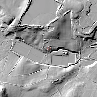 Shaded relief map of the ground around DT28JG, computed from Environment Agency LiDAR. The ground here sits at about 47 m above sea level and falls 29 m across the surrounding 800 m. Surface water reaching this point runs off ground lying to the north, 16.0 m higher.