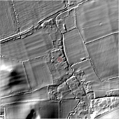 Shaded relief map of the ground around DT28JH, computed from Environment Agency LiDAR. The ground here sits at about 38 m above sea level and falls 20 m across the surrounding 800 m. Surface water reaching this point runs off ground lying to the south-south-west, 2.3 m higher.