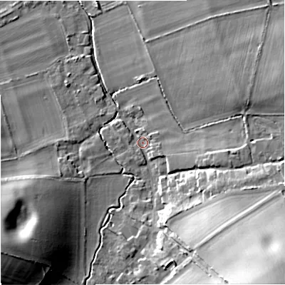 Shaded relief map of the ground around DT28JN, computed from Environment Agency LiDAR. The ground here sits at about 40 m above sea level and falls 36 m across the surrounding 800 m. Surface water reaching this point runs off ground lying to the south-east, 32.5 m higher.