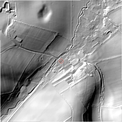 Shaded relief map of the ground around DT28JR, computed from Environment Agency LiDAR. The ground here sits at about 42 m above sea level and falls 46 m across the surrounding 800 m. Surface water reaching this point runs off ground lying to the south, 44.0 m higher.