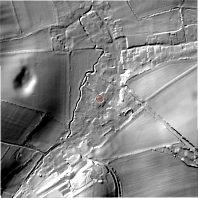 Shaded relief map of the ground around DT28JW, computed from Environment Agency LiDAR. The ground here sits at about 42 m above sea level and falls 36 m across the surrounding 800 m. Surface water reaching this point runs off ground lying to the south-south-east, 0.5 m higher.