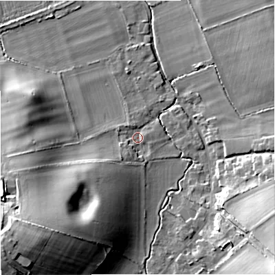 Shaded relief map of the ground around DT28JZ, computed from Environment Agency LiDAR. The ground here sits at about 40 m above sea level and falls 28 m across the surrounding 800 m. Surface water reaching this point runs off ground lying to the south-west, 19.0 m higher.