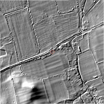 Shaded relief map of the ground around DT28LA, computed from Environment Agency LiDAR. The ground here sits at about 37 m above sea level and falls 17 m across the surrounding 800 m. Surface water reaching this point runs off ground lying to the south-south-west, 13.6 m higher.