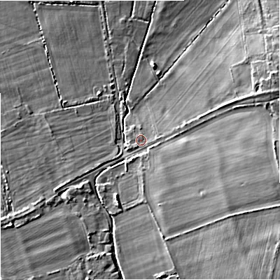Shaded relief map of the ground around DT28LE, computed from Environment Agency LiDAR. The ground here sits at about 37 m above sea level and falls 16 m across the surrounding 800 m. Surface water reaching this point runs off ground lying to the east-south-east, 1.0 m higher.