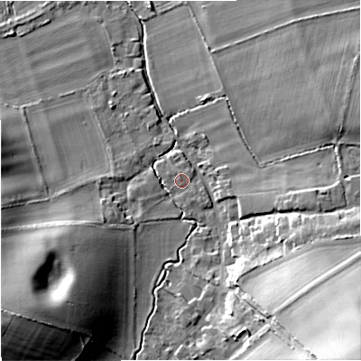 Shaded relief map of the ground around DT28LR, computed from Environment Agency LiDAR. The ground here sits at about 40 m above sea level and falls 35 m across the surrounding 800 m. Surface water reaching this point runs off ground lying to the south-east, 0.9 m higher.
