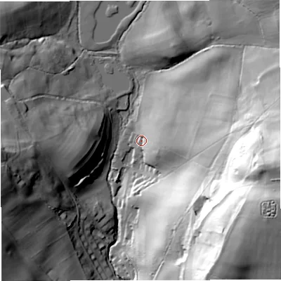 Shaded relief map of the ground around DT28NE, computed from Environment Agency LiDAR. The ground here sits at about 40 m above sea level and falls 93 m across the surrounding 800 m. Surface water reaching this point runs off ground lying to the east, 25.5 m higher.