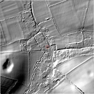Shaded relief map of the ground around DT28NN, computed from Environment Agency LiDAR. The ground here sits at about 40 m above sea level and falls 39 m across the surrounding 800 m. Surface water reaching this point runs off ground lying to the south-east, 33.7 m higher.