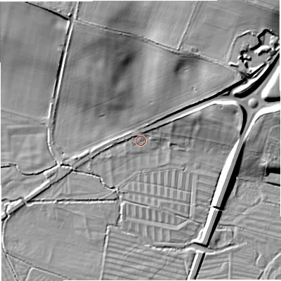Shaded relief map of the ground around DT28PR, computed from Environment Agency LiDAR. The ground here sits at about 53 m above sea level and falls 24 m across the surrounding 800 m. Surface water reaching this point runs off ground lying to the north-east, 20.3 m higher.