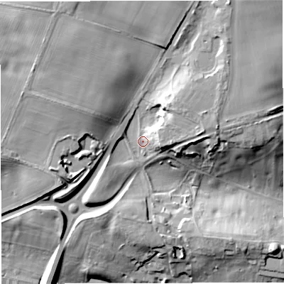 Shaded relief map of the ground around DT28PS, computed from Environment Agency LiDAR. The ground here sits at about 64 m above sea level and falls 26 m across the surrounding 800 m. Surface water reaching this point runs off ground lying to the east, 8.6 m higher.