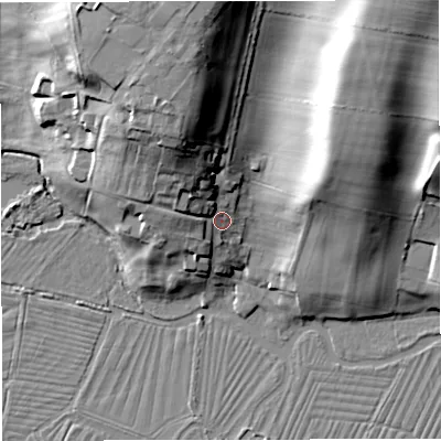 Shaded relief map of the ground around DT28PZ, computed from Environment Agency LiDAR. The ground here sits at about 54 m above sea level and falls 25 m across the surrounding 800 m. Surface water reaching this point runs off ground lying to the north-north-west, 17.7 m higher.