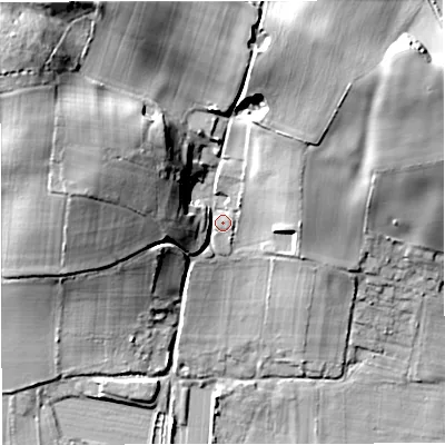 Shaded relief map of the ground around DT28QP, computed from Environment Agency LiDAR. The ground here sits at about 41 m above sea level and falls 33 m across the surrounding 800 m. Surface water reaching this point runs off ground lying to the north-west, 27.2 m higher.