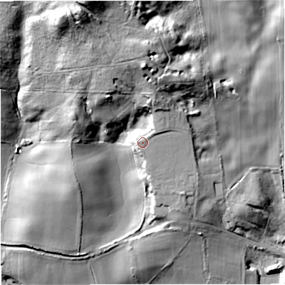 Shaded relief map of the ground around DT28QX, computed from Environment Agency LiDAR. The ground here sits at about 50 m above sea level and falls 45 m across the surrounding 800 m. Surface water reaching this point runs off ground lying to the north-east, 2.8 m higher.