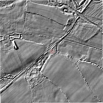 Shaded relief map of the ground around DT28RA, computed from Environment Agency LiDAR. The ground here sits at about 29 m above sea level and falls 8 m across the surrounding 800 m. Surface water reaching this point runs off ground lying to the south-west, 4.2 m higher.