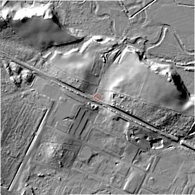 Shaded relief map of the ground around DT28RL, computed from Environment Agency LiDAR. The ground here sits at about 26 m above sea level and falls 19 m across the surrounding 800 m. Surface water reaching this point runs off ground lying to the west, 7.5 m higher.