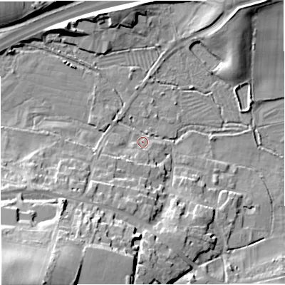 Shaded relief map of the ground around DT28SD, computed from Environment Agency LiDAR. The ground here sits at about 56 m above sea level and falls 39 m across the surrounding 800 m. Surface water reaching this point runs off ground lying to the south-south-west, 2.5 m higher.