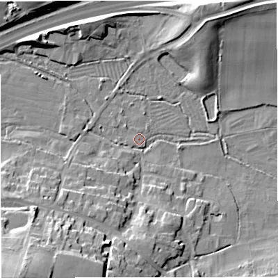 Shaded relief map of the ground around DT28TB, computed from Environment Agency LiDAR. The ground here sits at about 56 m above sea level and falls 32 m across the surrounding 800 m. Surface water reaching this point runs off ground lying to the west-south-west, 4.7 m higher.
