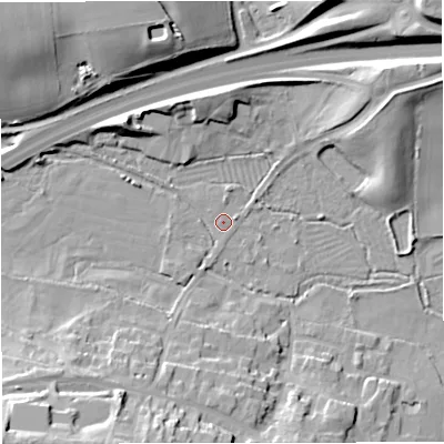 Shaded relief map of the ground around DT28TE, computed from Environment Agency LiDAR. The ground here sits at about 57 m above sea level and falls 24 m across the surrounding 800 m. Surface water reaching this point runs off ground lying to the south-west, 19.2 m higher.