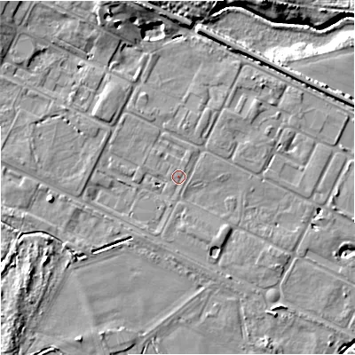 Shaded relief map of the ground around DT28ZB, computed from Environment Agency LiDAR. The ground here sits at about 24 m above sea level and falls 12 m across the surrounding 800 m. Surface water reaching this point runs off ground lying to the south-west, 6.8 m higher.