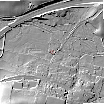 Shaded relief map of the ground around DT28ZL, computed from Environment Agency LiDAR. The ground here sits at about 57 m above sea level and falls 36 m across the surrounding 800 m. Surface water reaching this point runs off ground lying to the south-south-west, 32.6 m higher.