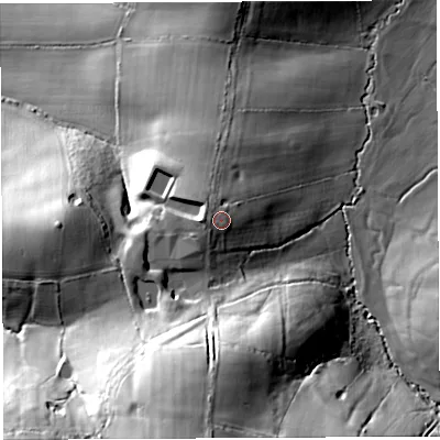Shaded relief map of the ground around DT29AZ, computed from Environment Agency LiDAR. The ground here sits at about 79 m above sea level and falls 51 m across the surrounding 800 m. Surface water reaching this point runs off ground lying to the west, 2.2 m higher.
