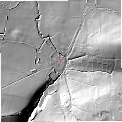 Shaded relief map of the ground around DT29BA, computed from Environment Agency LiDAR. The ground here sits at about 53 m above sea level and falls 63 m across the surrounding 800 m. Surface water reaching this point runs off ground lying to the south-west, 2.0 m higher.