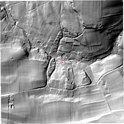Shaded relief map of the ground around DT29EL, computed from Environment Agency LiDAR. The ground here sits at about 79 m above sea level and falls 80 m across the surrounding 800 m. Surface water reaching this point runs off ground lying to the south-east, 61.9 m higher.