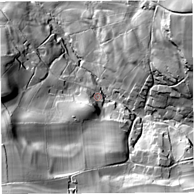 Shaded relief map of the ground around DT29EN, computed from Environment Agency LiDAR. The ground here sits at about 75 m above sea level and falls 79 m across the surrounding 800 m. Surface water reaching this point runs off ground lying to the south-south-west, 16.4 m higher.
