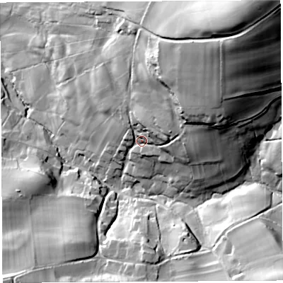 Shaded relief map of the ground around DT29EW, computed from Environment Agency LiDAR. The ground here sits at about 87 m above sea level and falls 100 m across the surrounding 800 m. Surface water reaching this point runs off ground lying to the north-east, 49.5 m higher.