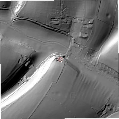Shaded relief map of the ground around DT29HB, computed from Environment Agency LiDAR. The ground here sits at about 97 m above sea level and falls 39 m across the surrounding 800 m. Surface water reaching this point runs off ground lying to the south-south-west, 23.6 m higher.