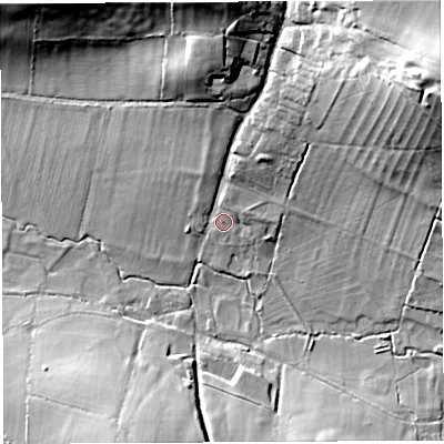 Shaded relief map of the ground around DT29HP, computed from Environment Agency LiDAR. The ground here sits at about 63 m above sea level and falls 40 m across the surrounding 800 m. Surface water reaching this point runs off ground lying to the north-east, 33.8 m higher.