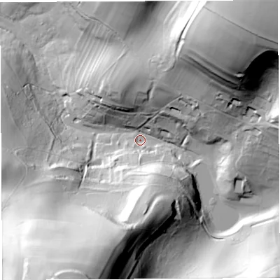 Shaded relief map of the ground around DT29HQ, computed from Environment Agency LiDAR. The ground here sits at about 87 m above sea level and falls 109 m across the surrounding 800 m. Surface water reaching this point runs off ground lying to the north-east, 100.5 m higher.