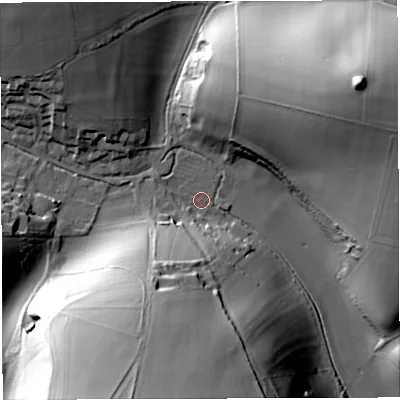 Shaded relief map of the ground around DT29JJ, computed from Environment Agency LiDAR. The ground here sits at about 77 m above sea level and falls 52 m across the surrounding 800 m. Surface water reaching this point runs off ground lying to the south-south-west, 49.9 m higher.