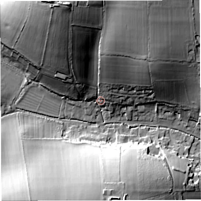 Shaded relief map of the ground around DT29LD, computed from Environment Agency LiDAR. The ground here sits at about 85 m above sea level and falls 46 m across the surrounding 800 m. Surface water reaching this point runs off ground lying to the north-north-west, 37.7 m higher.