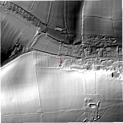 Shaded relief map of the ground around DT29LF, computed from Environment Agency LiDAR. The ground here sits at about 82 m above sea level and falls 63 m across the surrounding 800 m. Surface water reaching this point runs off ground lying to the south-south-west, 45.4 m higher.
