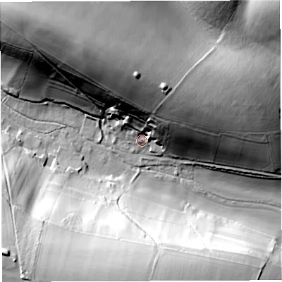 Shaded relief map of the ground around DT29LG, computed from Environment Agency LiDAR. The ground here sits at about 94 m above sea level and falls 59 m across the surrounding 800 m. Surface water reaching this point runs off ground lying to the north-north-east, 29.7 m higher.