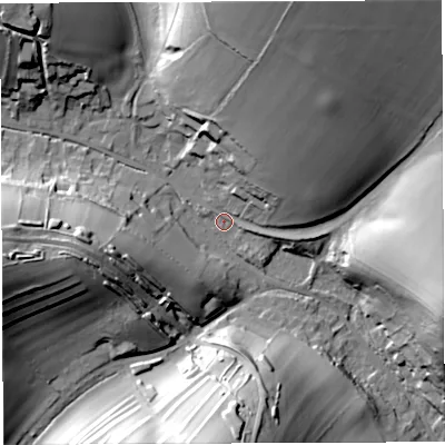Shaded relief map of the ground around DT29LN, computed from Environment Agency LiDAR. The ground here sits at about 96 m above sea level and falls 56 m across the surrounding 800 m. Surface water reaching this point runs off ground lying to the north-north-east, 51.5 m higher.