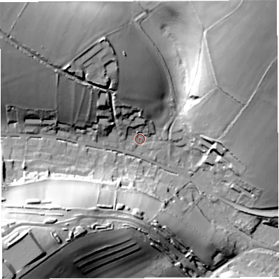 Shaded relief map of the ground around DT29LP, computed from Environment Agency LiDAR. The ground here sits at about 98 m above sea level and falls 67 m across the surrounding 800 m. Surface water reaching this point runs off ground lying to the north-north-west, 21.7 m higher.