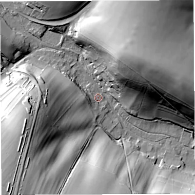 Shaded relief map of the ground around DT29LQ, computed from Environment Agency LiDAR. The ground here sits at about 94 m above sea level and falls 71 m across the surrounding 800 m. Surface water reaching this point runs off ground lying to the west-south-west, 40.1 m higher.