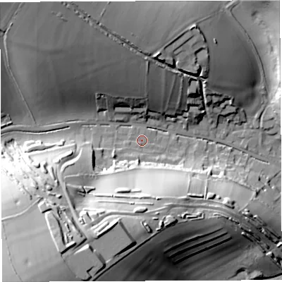 Shaded relief map of the ground around DT29LU, computed from Environment Agency LiDAR. The ground here sits at about 100 m above sea level and falls 59 m across the surrounding 800 m. Surface water reaching this point runs off ground lying to the south, 32.0 m higher.