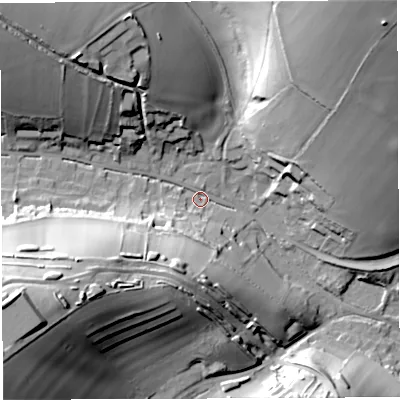 Shaded relief map of the ground around DT29LW, computed from Environment Agency LiDAR. The ground here sits at about 97 m above sea level and falls 63 m across the surrounding 800 m. Surface water reaching this point runs off ground lying to the west-south-west, 35.6 m higher.