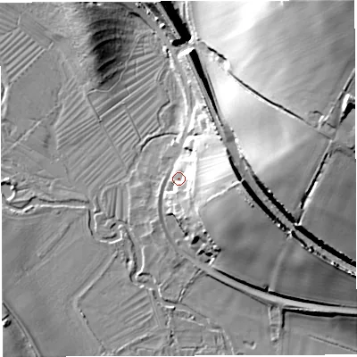 Shaded relief map of the ground around DT29NA, computed from Environment Agency LiDAR. The ground here sits at about 78 m above sea level and falls 55 m across the surrounding 800 m. Surface water reaching this point runs off ground lying to the east, 18.6 m higher.