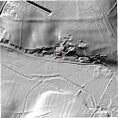 Shaded relief map of the ground around DT29NB, computed from Environment Agency LiDAR. The ground here sits at about 77 m above sea level and falls 53 m across the surrounding 800 m. Surface water reaching this point runs off ground lying to the north-north-east, 50.0 m higher.