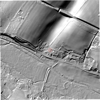 Shaded relief map of the ground around DT29NF, computed from Environment Agency LiDAR. The ground here sits at about 84 m above sea level and falls 44 m across the surrounding 800 m. Surface water reaching this point runs off ground lying to the north-east, 24.6 m higher.