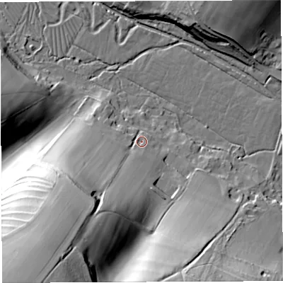 Shaded relief map of the ground around DT29NQ, computed from Environment Agency LiDAR. The ground here sits at about 86 m above sea level and falls 75 m across the surrounding 800 m. Surface water reaching this point runs off ground lying to the south-west, 67.6 m higher.
