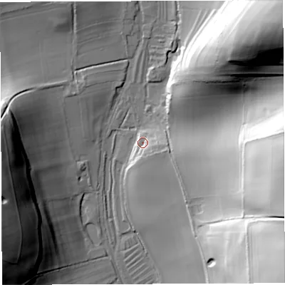 Shaded relief map of the ground around DT29NS, computed from Environment Agency LiDAR. The ground here sits at about 107 m above sea level and falls 72 m across the surrounding 800 m. Surface water reaching this point runs off ground lying to the south-east, 9.0 m higher.